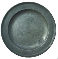 W209A Large 18th Century Pewter Charger 15" diameter, maker maked on back.