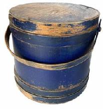 G783 19th century New England dry indigo painted Wooden Firkin, tongue and groove softwood staved sides, tapered lap joint wood bands, bent wood handle with wood peg attachments Painted pine firkin,