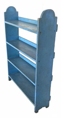 G512  19th century Pennsylvania Crock Shelf in beautiful old blue paint, with lollipop cut out  sides, shelves are mortised into the side and each shelf has a back splash, with a nice simple cut out for Measurements are 42" tall x 29" wide x 8 1/2" dep