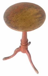 **SOLD** H513 Late 18th Century New England Candle Stand in original red painted surface with a very simple turned center column resting on three padded feet that are dovetailed into the column