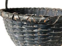 **SOLD** E512 Gathering Basket , the original dark indigo blue paint, with a double wrapped rim, steamed and bent handle, and a slight raised bottom