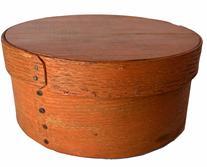 G849 19th century early pumpkin painted round pantry box. Clean interior. Steamed and bentwood overlapping sides are secured with small tacks.