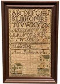 **SOLD** G301 Handmade Sampler stitched by Anna Robinson - Age 11 years The sampler is worked in silk on linen ground, in cross stitch and Algerian eye. Alphabets A-Z in upper case and lower case and numbers 1-0