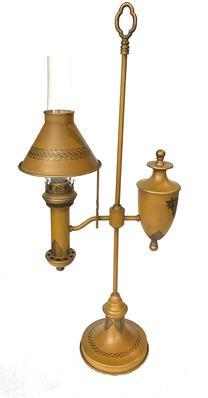 F625 - Vintage Yellow Tole Student Desk Lamp . French style toleware bouillotte -light desk or table lamp. This charming tole painted metal lamp is decorated vibrant mustard yellow ground. Tole Lamp with Shade - Painted Mustard with Gold painted decoration