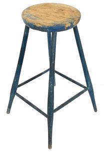 H522 Early 19th century tall, original blue painted splay leg stool from Pennsylvania. Circa 1820. Measurements: 11 ¾� diameter top x 28 ½� tall