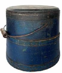 G579 Mid 19th century Shaker original blue painted, lidded wooden sugar bucket featuring iron diamond-shaped bail plates, wire bail with turned wood handle, chamfered bottom