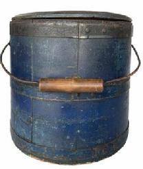 G579 Mid 19th century Shaker original blue painted, lidded wooden sugar bucket featuring iron diamond-shaped bail plates, wire bail with turned wood handle, chamfered bottom and tongue and grooved softwood staved sides secured with three iron bands. 
