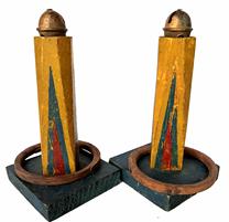 H367  Rare antique ring toss game, originating from 1930's . This piece of folk art retains much of its original paint, of yellow, green and red  with just the right amount of wear!  There are two original wooden rings, on top of each postis is a bell,This piece would be a wonderful addition to any carnival or childhood game enthusiast 
