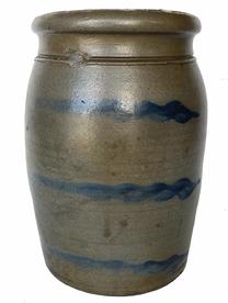 RM1292 Western Pennsylvania stoneware crock decorated with three squiggly lines, which is also known as a �Striper� crock. No chips or cracks. Measurements: 9 1/2� tall x 6 1/4� diameter (top) x 6� diameter (bottom) 