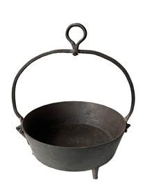 K204 Cast Iron three-legged Hanging Fry Pan in the style of an 1800s Savery & Co. of Philadelphia, Pennsylvania pan. At some point, this pan was converted to a hanging kettle with a stationery hand forged iron handle and rotating iron loop at the top. Very heavy with its great original surface. Measurements: 11 diameter x 4 ½ tall. Overall height is ~15 tall to top of ring.