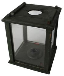 B37 19th century ,Lantern  pinned construction. Four windows are contained within a wooden box frame that is  pine; wonderful original green paint .To access the candle you have to slide the lid open,with hold for  ventilator; 
