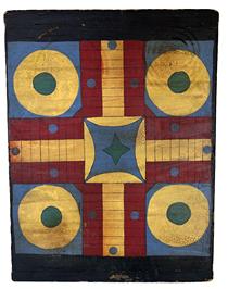 H283 19th century Parcheesi game board found in Pennsylvania.  Vividly painted in red, yellow, blue, green and black polychrome colors. Single board with applied breadboard ends attached with wooden pegs. Original dry, crackled surface with natural patina on reverse side. Measurements: 24 3/4" wide x 19" tall x 3/4" thick