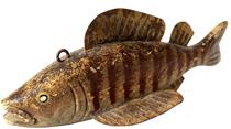 *SOLD* J345 Hand carved Folk Art Yellow Perch shaped / painted Fish Decoy featuring original painted surface and carved details for mouth and gills. Wooden body with stationery tin fins featuring painted details on all tin to match the body paint. Painted eyes. Solid wood body with a metal weight embedded into the underbelly. From a Wappinger Falls, NY collection. Approximate measurements:  8� long x 2 ¾� wide (at fins) x 2 5/8� tall