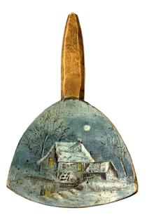 M1184 19th century hand painted wooden butter paddle depicting a snowy landscape with a mill surrounded with barren trees and a waterwheel below a full moon. Slight glittery accents to the paint in the scene and a natural patina handle. Measurements: 8 3/8" long x 5 1/4" wide x ~ 3/4" thick. 
