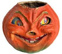 M68 Paper Mache Pulp Pumpkin Smiling Jack O Lantern. Circa 1930-1940s. The lantern retains great original orange and green surface with what appears to be its original wire handle and paper insert for eyes and mouth. Nice condition! Pumpkin measures ~ 7� at widest point x ~6� deepest point x and is 5 &frac14;� tall not including handle. 