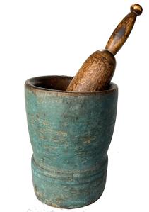 **SOLD** H954A 19th century original blue painted mortar and pestle. It is thick walled, with a nicely turned base, no breaks or cracks. The mortar retains remnants of several incised rings and the dry painted surface shows evidence of wear and chop marks indicative of use. The pestle, which appears to be original to the mortar, has the original old patina surface. Wonderful form. Measurements: 6" top diameter x 5� bottom diameter x 7 1/2" tall. The Pestle measures 10 1/4" long.