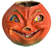 M68 Paper Mache Pulp Pumpkin Smiling Jack O Lantern. Circa 1930-1940s. The lantern retains great original orange and green surface with what appears to be its original wire handle and paper insert for eyes and mouth. Nice condition! Pumpkin measures ~ 7 at widest point x ~6 deepest point x and is 5 ¼ tall not including handle.