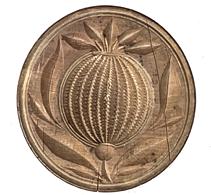 K56 19th century Pennsylvania butter print stamp depicting a deeply chip-carved Pineapple with leaves. Small, tight surface cracks from age. Dry, natural patina surface. Measurements: 4 3/8 x 4 5/8 diameter (slightly out of round) x 3 tall. 