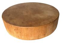 **SOLD** L16 Practical and useful thick round chopping block / butcher block. Constructed of solid wood with end grains as chopping surfaces on both sides. Heavy. Measurements: 17 ¾ diameter x 4 thick.   