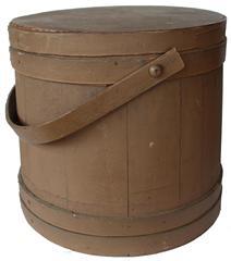  B460 New England original dry nutmeg painted  Wooden Firkin, tongue and groove softwood staved sides, tapered lap joint wood bands, bent wood handle with wood peg attachments, 14"h. x 14-½"dia.