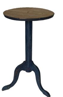 K1572  19th century Pennsylvania candlestand featuring a sturdy center post resting on tripod legs bearing old blue paint over an early apple green paint.  The top is out of round and measures 15 x 16 diameter. Overall height is 29 tall.   