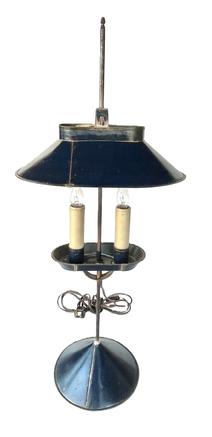 *SOLD* K110 Jeremy "Jerry" Martin handmade tin adjustable student lamp painted blue with two electrified candles. Bears metal plate with JM and dated "2019" on bottom of base. Approximate measurements: 10 wide (top shade) x 6 ¾ base diameter x 23 1/2" tall     