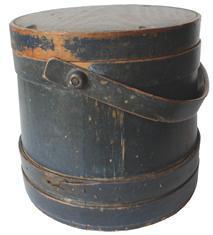 C16 New England original dry indigo painted Wooden Firkin, tongue and groove softwood staved sides, tapered lap joint wood bands, bent wood handle with wood peg attachmentsPainted pine firkin, 19th c.