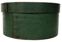 E590 19th century outstanding Pantry Box with the original beautiful dry green paint, heavy construction, bent wood round form with nailed lap joint, 7 3/4" diameter x 4'