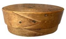 G674 19th century miniature oval wooden pantry box with �ELEME FIGS� and a large �C� type logo stenciled on top. Indistinguishable writing on bottom in pencil. 
