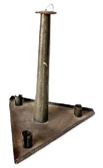 L230 Unusual 19th century hanging tin candle holder with three rolled edge candle sockets on a triangular shaped drip pan with crimped edges supported by a tapered cylindrical center post with a crimped edge cap. All solder joints are secure. Measurements: 12 wide x 12 deep x 12 tall. The crimped top is 2 diameter.