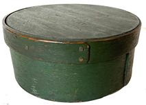 **SOLD** G848 Excellent - double identified - original green painted round pantry box with 'J.P. WILLIS' stamped twice into the lid, and 'E. HOLMES' stamped once into the bottom. Sturdy, steamed and bent sides secured with small copper tacks and tiny square nails. Great wear outside, natural patina interior. Measurements: 6 3/4" diameter x 2 3/4" tall