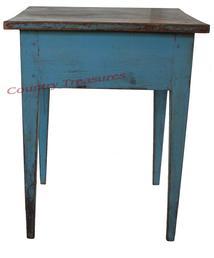 D121 Early 19th century Pennsylvania hepplewhite side table with the old robin egg blue paint. The top is one board, with double mortised and pinned legs. Circa 1820.  Measurements are 23" wide x 21 1/2" deep x 29" tall.  