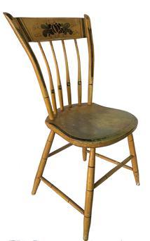 **SOLD** F128 Mid 19th century,THUMB BACK WINDSOR CHAIR IN YELLOW PAINT. Having straight crest rail mortised into carved and turned uprights with turned spindles having a carved shaped seat on simple bamboo turned base.