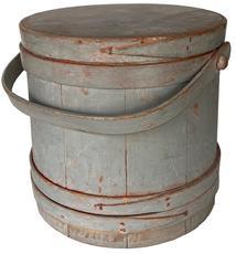 RM1112 Mid 19th century original gray painted Firkin constructed of wooden staves and pegs, bentwood handle and lap joints, copper tacks hold the bands in place.