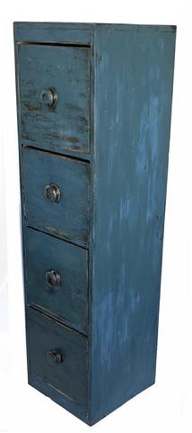 J58 19th century New England very unusual tall case of four large drawers, in old blue paint. Each drawer is square head nailed construction with wooden knobs.  The case is four board construction which is also nailed. Measurements are 14� wide x14 ½� deep x 53� tall