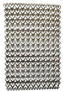 M49 19th century Folk Art Iron heart motif doormat constructed of individually handmade and bent heart shapes hooked together in a way that allows them to mold perfectly into the one next to it. These highly desirable heart mats were sometimes referred to as �mud mats� or �sweetheart mats� since the heavy metal would scrape mud from shoes/boots, and one was considered a �sweetheart� for the courtesy of doing so when entering a person�s home. Circa 1880s-1920s. Measurements: 23 &frac14;� x 15 &frac14;� x &frac14;� thick. 