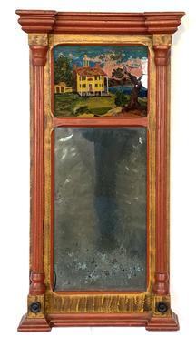 RM1205 Wonderful Lancaster County, Pennsylvania Federal mirror with reverse painting of a Home with a Widow�s Watch, tree and water. Beautifully painted frame with bittersweet red painted crown molding and fluted pillar columns along the sides, with yellow grain paint decorated accents.