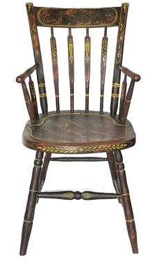 K1519 19th century original painted Arrowback Windsor armchair bearing original stenciled paint decorated crest with hand painted leaf decorations on the spindles and front stretcher on an original grain painted background. Bamboo style turned legs. Measurements: 17 ½ wide (across arms) x 16 ½ deep (set) x 34 tall (back. The seat is 17 ¾ tall.  