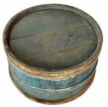 G886 19th century Keeler  staved and hooped tub remains tight and is in good  condition,  with old blue paint ,  with it's original lid which is very unusual  to fine . two metal blacksmith bands  secure the staves. with the attached iron handles  and  . 16 1/2� diameter 9� tall