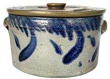 J415 19th century beautiful Cobalt decorated cake crock with lid attributed to Richard C. Remmey of Philadelphia, PA - who was a prominent stoneware maker from the 1860�s � 1900.  The cylindrical form is heavily cobalt decorated on all sides with swags, dashes and highlights at the lug handles. Incised rings at the tooled shoulder add to the visual appeal. The lid is decorated with typical cobalt Remmey swags. Measurements: 10 ½� diameter x 5 ¾� tall (6 ¼� tall with lid)