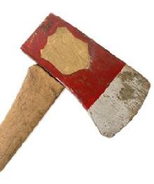 G415 Full sized wooden parade / ceremonial axe in original paint. The completely wooden axe head retains red and silver paint, along with a gold shield shape on one side