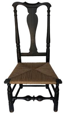 E378 Early 19th Century New England Banister Back Chair in original black paint with rush seat. Wonderful turned legs and back posts.