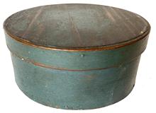 G846  Nice original blue painted round  pantry box with steamed and bent sides secured with small tacks and tiny square nails. Great wear outside, natural patina interior. Very sturdy. Measurements: 6 3/4" diameter x 2 3/4" tall