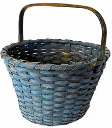 **SOLD** H1036  Late 19th century Maryland Gathering basket in beautiful dry blue paint. The basket features a nice, high-notched steamed and bent handle, a single wrapped rim and a reinforced bottom, that is slightly kicked in.  Measurements: 15� tall x 14 ½� wide 