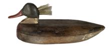 **SOLD** K1830 Hoopers Island Merganser Duck Decoy. Carver unknown. Original weight and staple intact on bottom. Amazing piece of Folk Art! Approximate measurements: ~12 ½ long x ~6 ¼ wide x ~5 tall.  