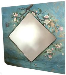 G800 Late 19th century wooden framed mirror featuring hand painted cherry blossoms, a swallow and small sailboats on a dry blue background. Solid wood, mortised construction with damage to one corner of frame. Frame measures 21 1/8� square and viewing area of mirror measures 11 1/2� square.