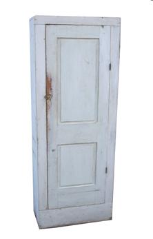 Q1300 19th century New England Chimney Cupboard, with wonderful old dry oyster white paint, the door has two raised panels,which is also mortised and pegged, the case is square head nail construction, the interior retains it original oyster white paint, one shelf was removed,  circa 1850  measurements are 28" wide x 15" deep x 731/2" tall