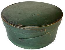 F48619th century New England finger lap Pantry Box Circa 1850-1880: This lovely round bentwood pantry box with original Windsor green paint, likely Hingham, Massachusetts