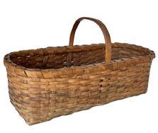 **SOLD** L344A Early rectangular shaped hand-woven splint basket bearing its natural patina surface. This nicely woven basket features a single-wrapped double-rim with a notched, steamed and bent handle. Rim and handle are double secured with tiny tacks.  Measurements: 13 &frac12;� long x 6 &frac14;� wide x 4� tall (sides). Overall height at handle is ~7� tall.  