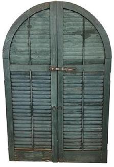 H33 Large arched wooden window Louvers in old dry green painted surface with original hardware. Mortised construction. Detailed workmanship throughout. Great condition. 